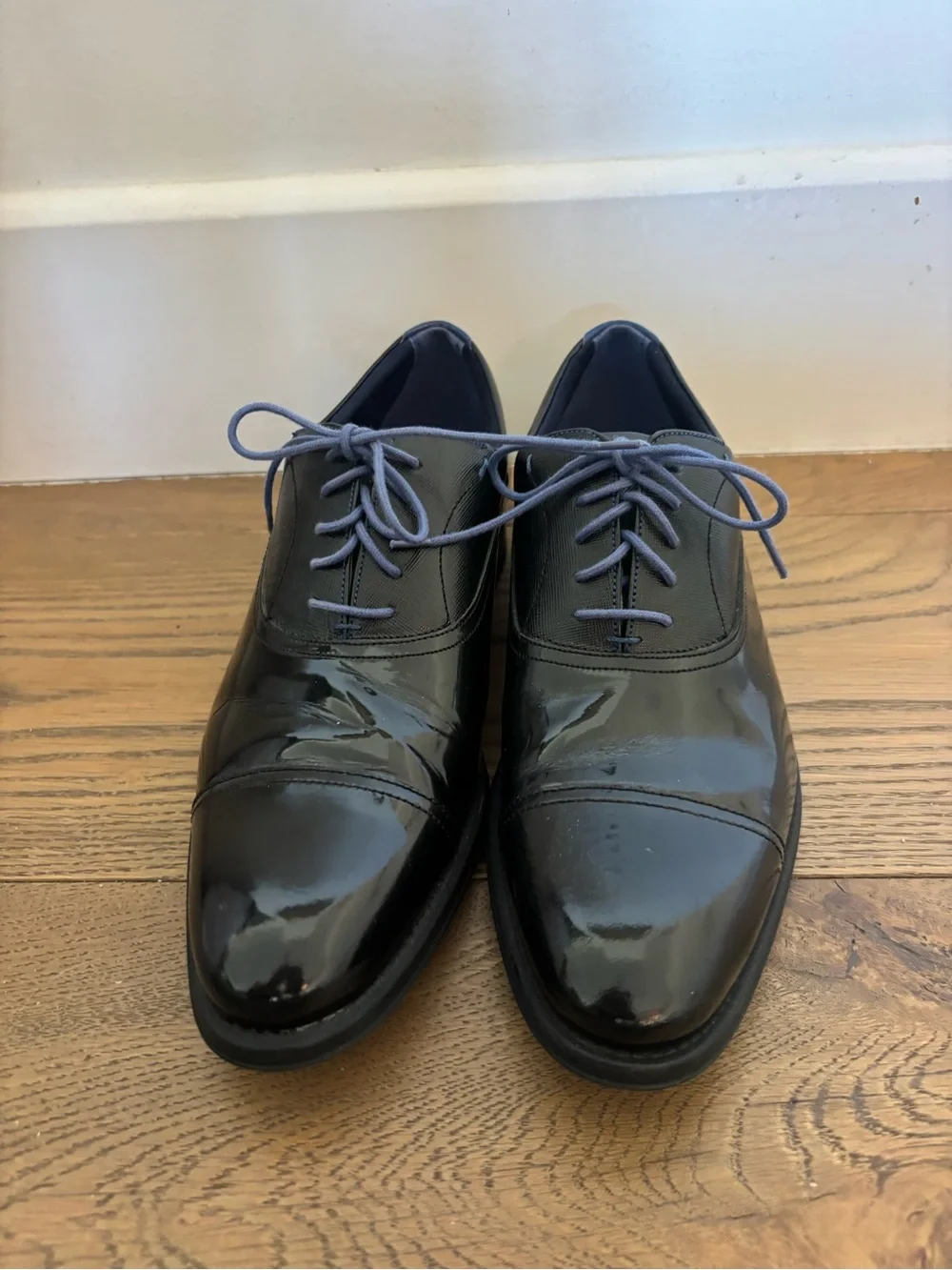 Ted Baker London Black Patent Cap-Toe Oxfords with blue Laces